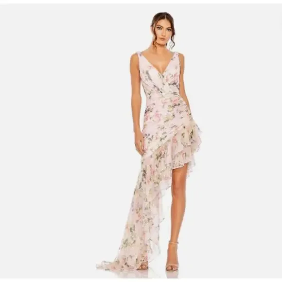MAC DUGGAL NWT Rose Floral Asymmetrical Ruffled Gown, Size 10 - Picture 3 of 16